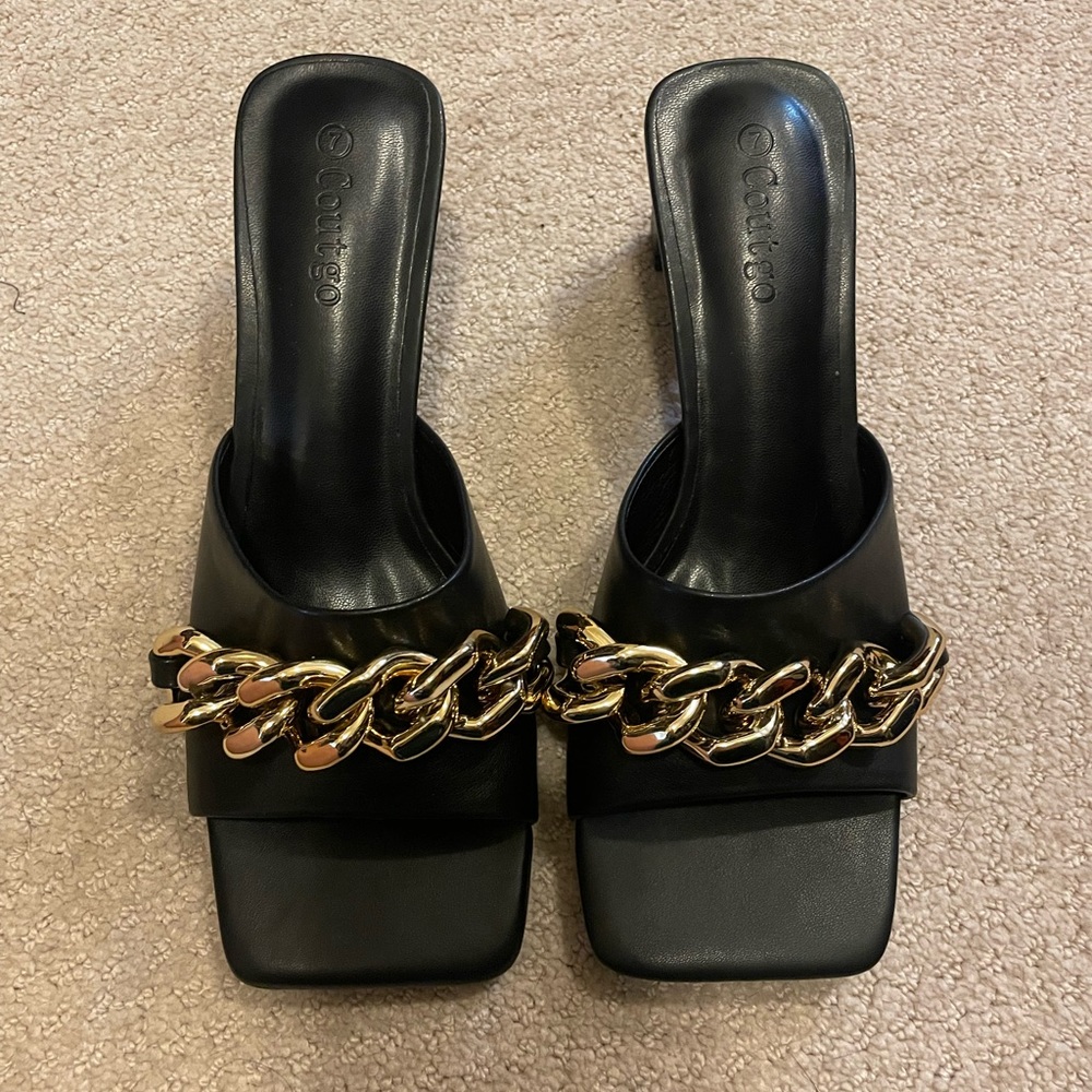Coutgo Womens Low Block Heel Slide Sandals Square Toe Backless Slip On Brand New